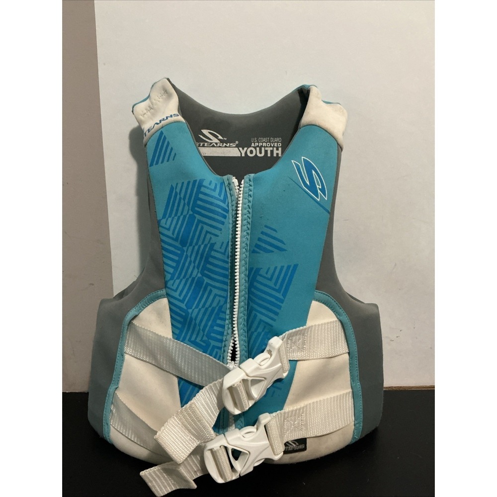 Stearns Youth Ski Vest 50-90 Lbs Type III PFD White Blue Gray STAINED